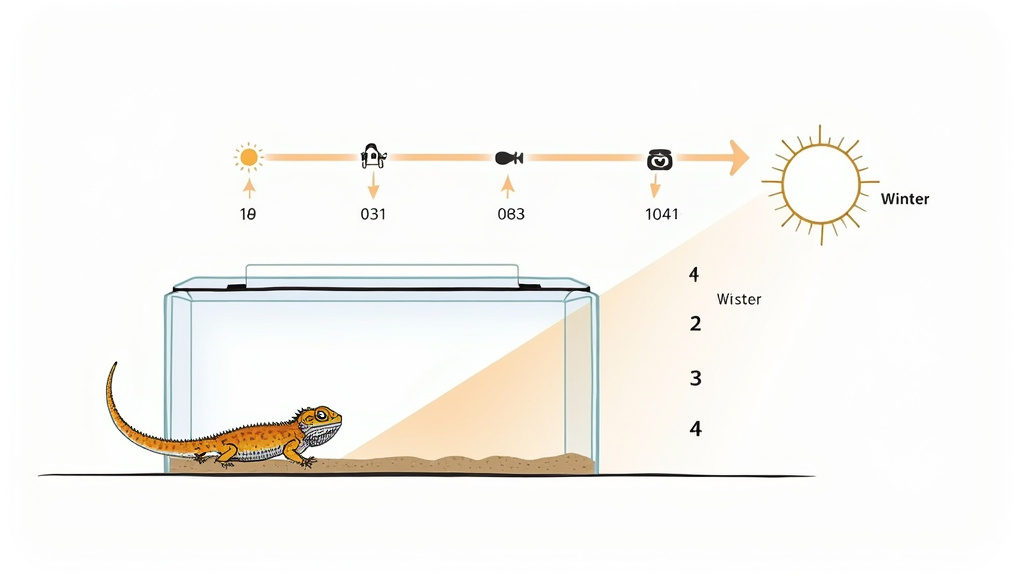 Diagram comparing summer and winter bearded dragon photoperiod light schedules.