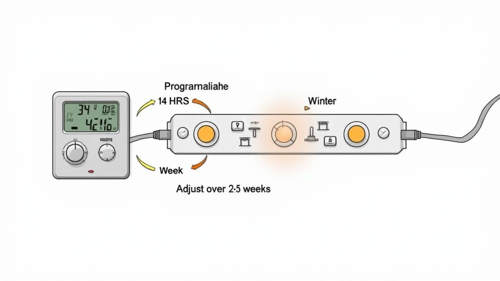 Programmable timer displaying seasonal bearded dragon lighting schedules.
