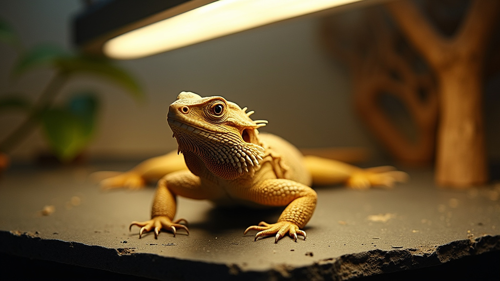 Bearded dragon basking under proper UVB light in a spacious tank setup.