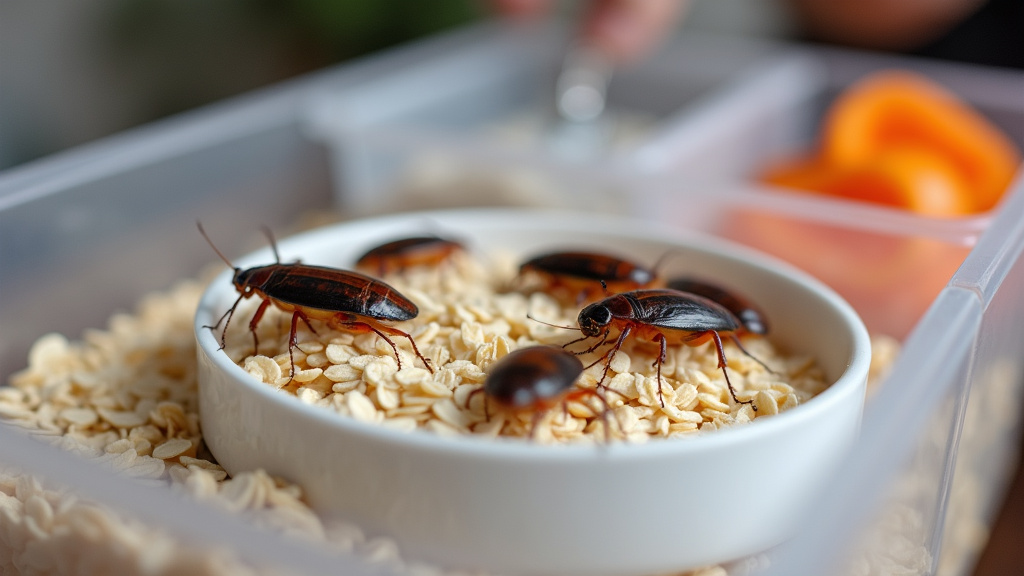 Close-up of feeder insects gut-loading on dry oatmeal in a bearded dragon enclosure.