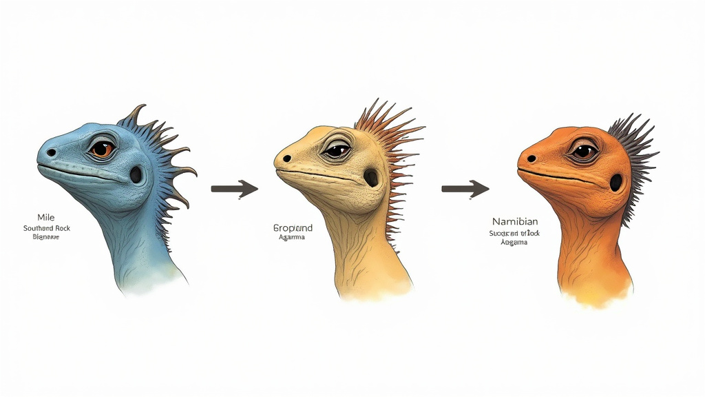 Comparative diagram of Southern Rock Agama, Ground Agama, and Namibian Rock Agama heads.