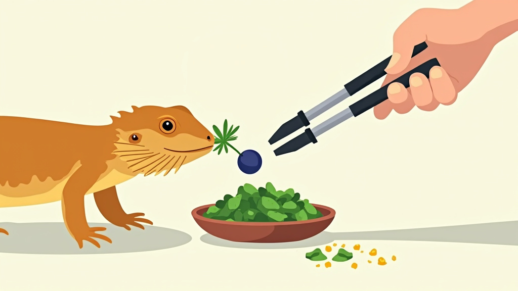 Hand using tongs to offer enticing greens and fruit to a bearded dragon.