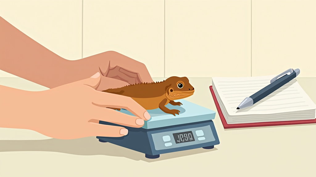 Weekly weighing of a baby bearded dragon on a gram scale for health monitoring.