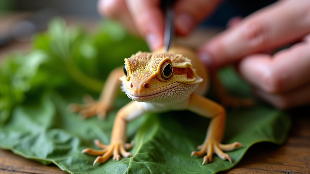 Bearded dragon with bowed legs and arugula, signs of overfeeding.