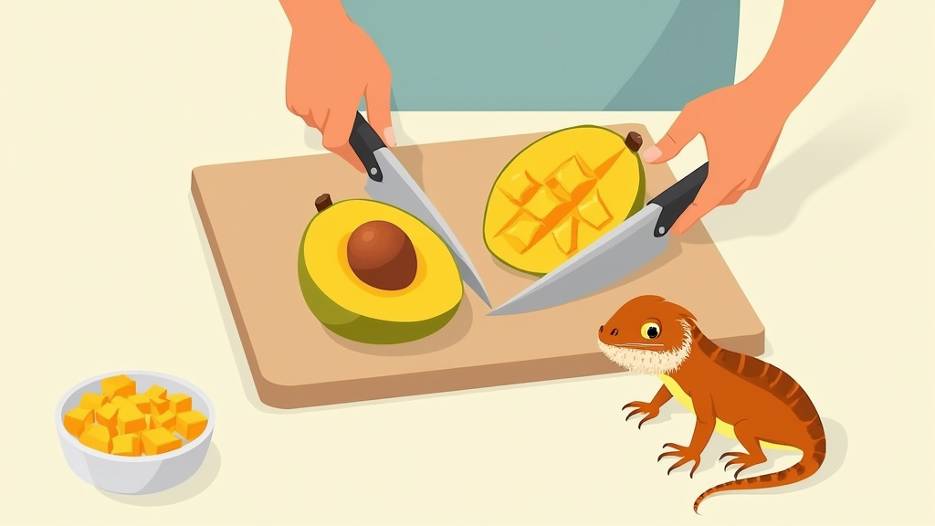Preparing safe fruit for a bearded dragon by removing pits and cutting to size.