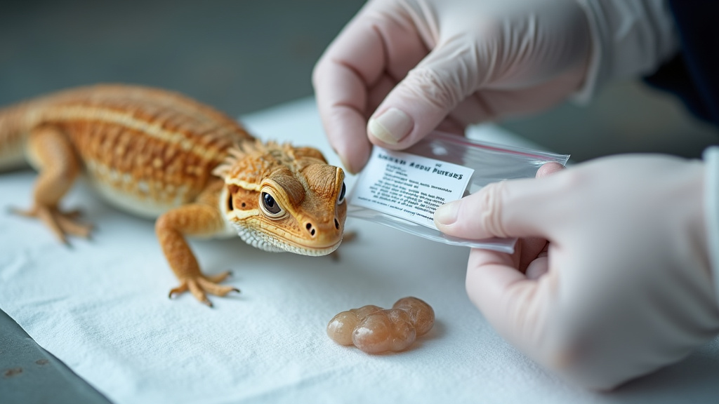 Collecting a fresh fecal sample from a bearded dragon for parasite testing.