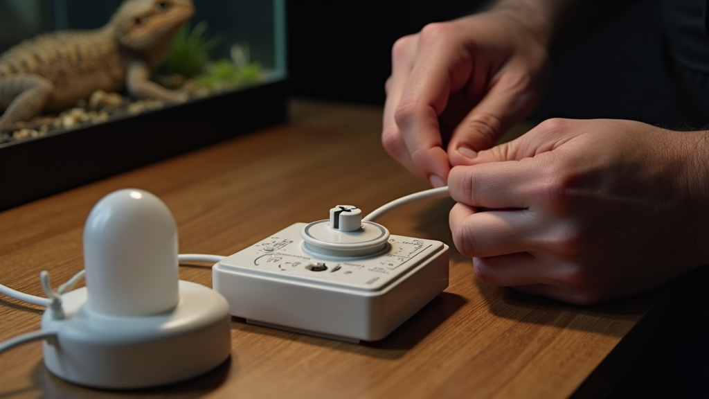Setting up a ceramic heat emitter and timer for a bearded dragon's nocturnal habitat.