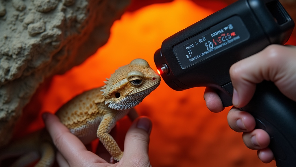 Using a temperature gun to check a bearded dragon's basking spot surface heat.