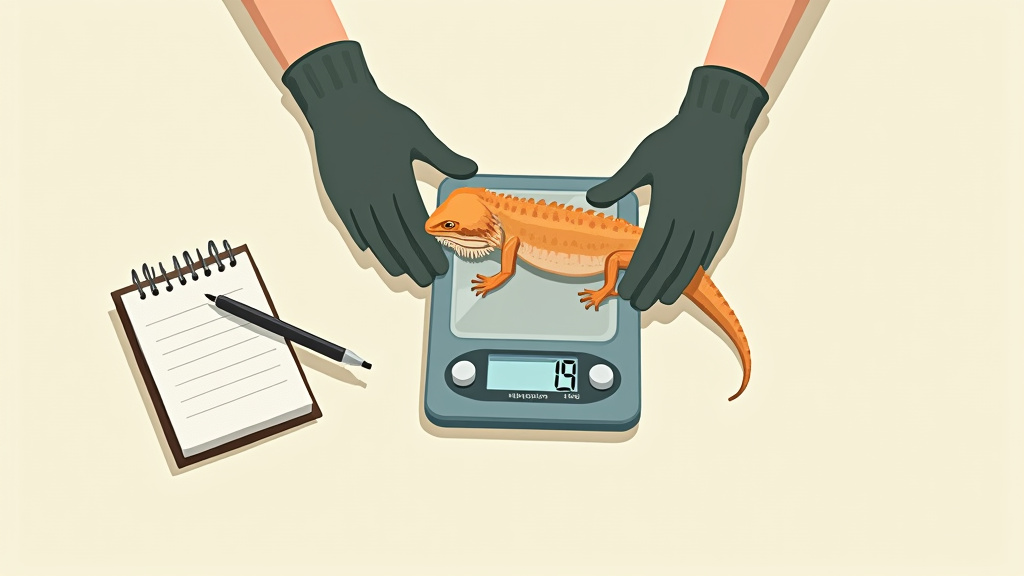 Close-up of weighing an underweight bearded dragon on a digital scale for a weight gain protocol.