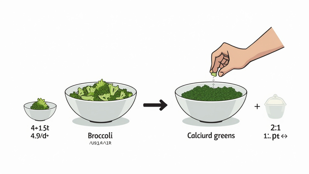 Diagram of broccoli mixed with high-calcium greens for bearded dragons.