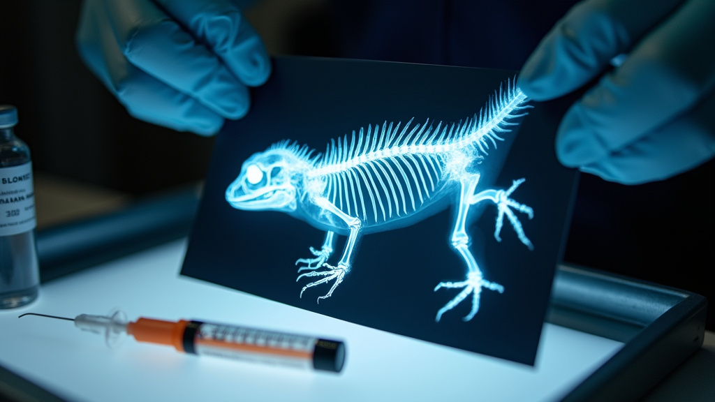 Veterinary X-ray showing metabolic bone disease in a bearded dragon skeleton.
