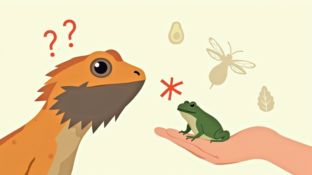 Bearded dragon with a red X over a frog, plus other toxic foods.