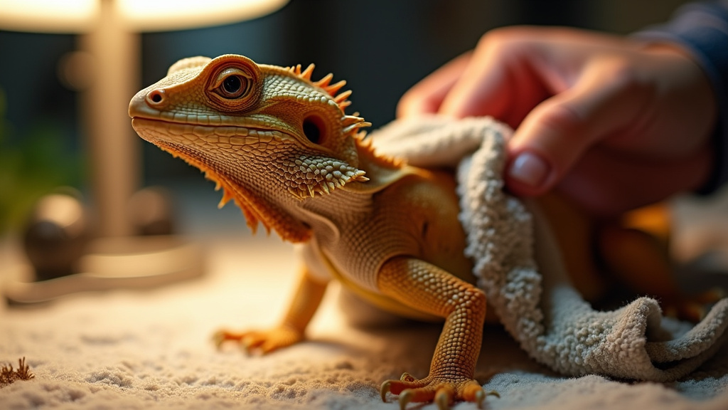 Drying a bearded dragon with a towel after a bath for safe rewarming.
