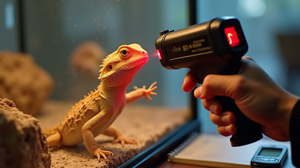 Infrared temperature gun measuring basking spot as bearded dragon surfs glass
