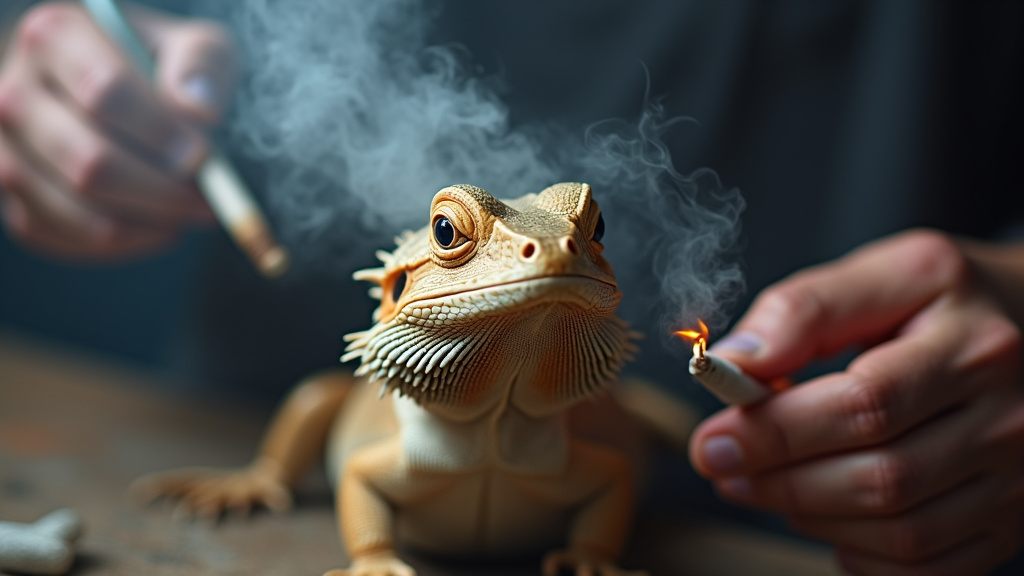 bearded dragon looking through cigarette smoke haze, close-up realistic depiction