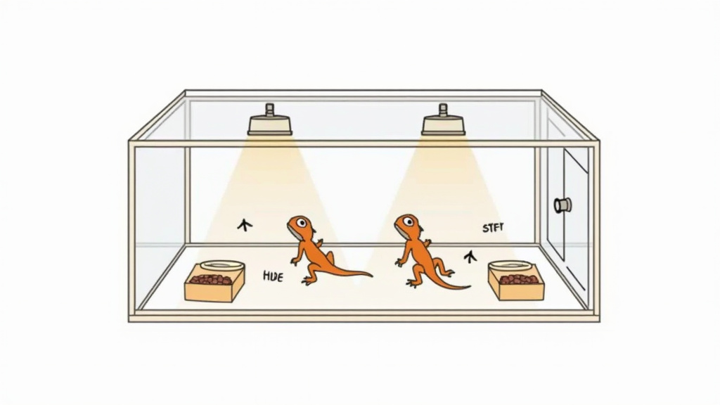 Diagram of minimum cohabitation setup for two baby bearded dragons in large tank.