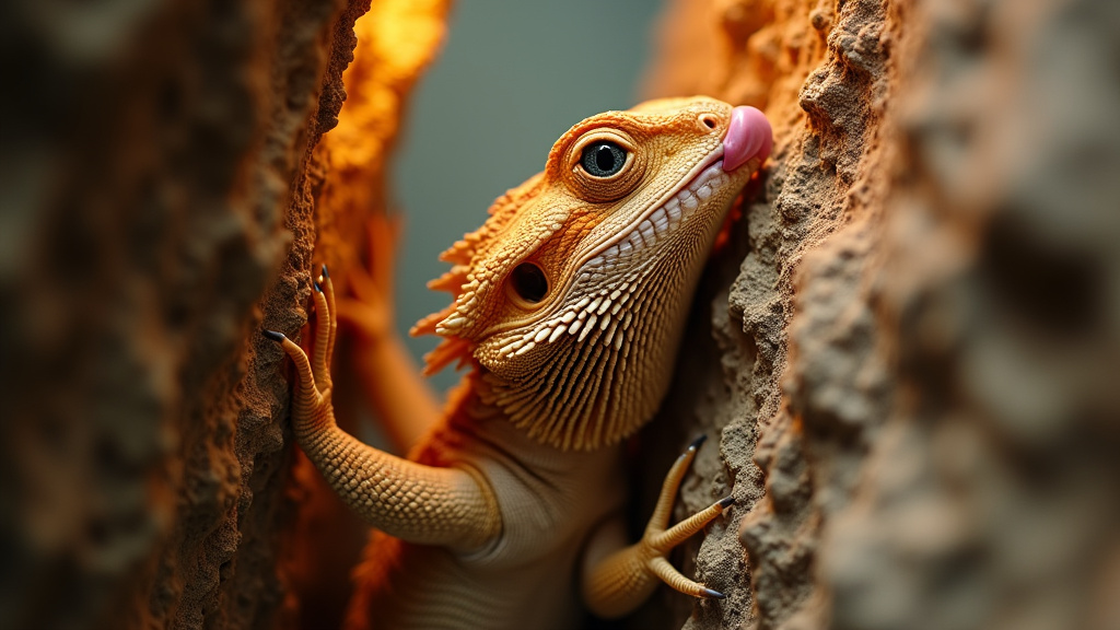 Bearded dragon climbing a rock wall while licking for exploration.