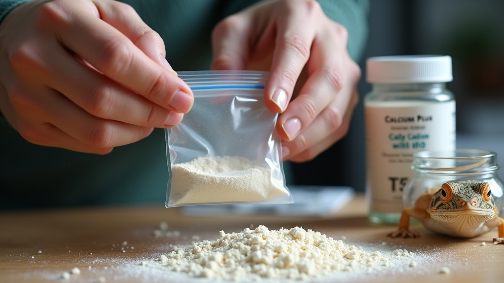 Close-up of dusting insects with calcium supplements for a baby bearded dragon diet.