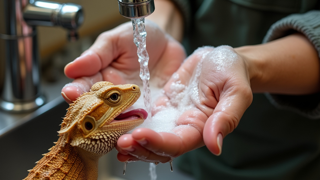 Washing hands with soap after a bearded dragon licks your skin