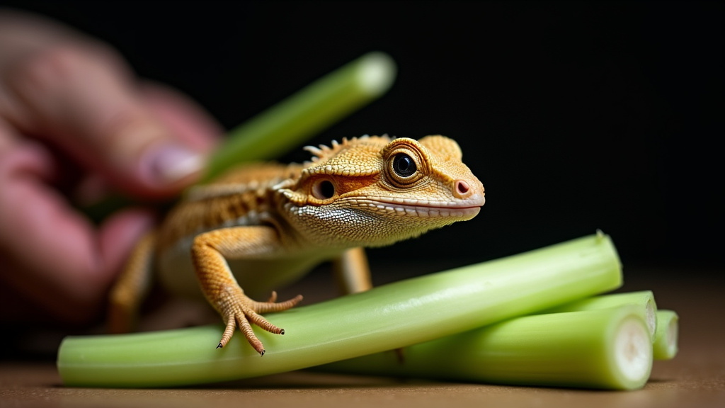 Bearded dragon considering a stalk of celery, highlighting oxalate content.