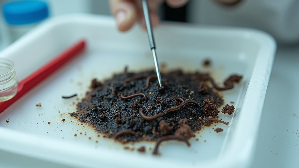 Close-up of black, watery bearded dragon poop with white pinworms for parasite diagnosis.