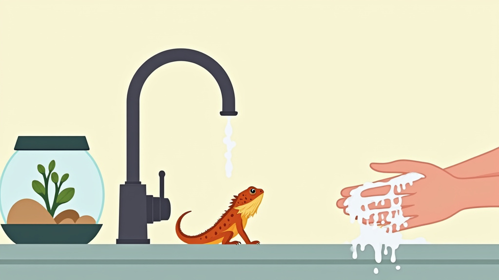 Person washing hands after handling a bearded dragon to prevent salmonella.