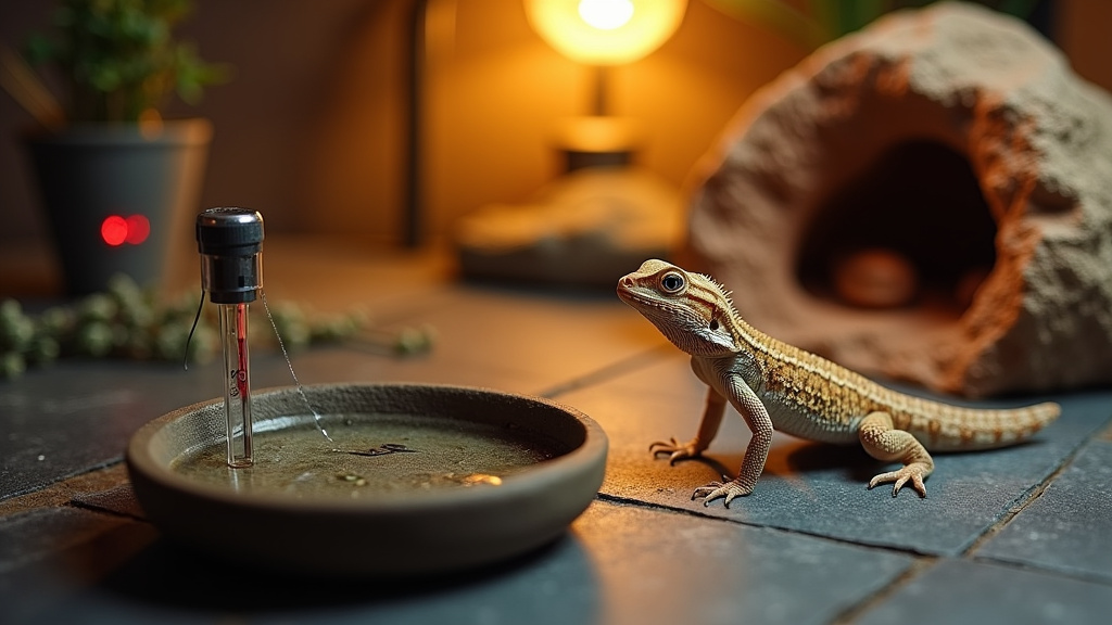 Baby bearded dragon tank setup with slate tile, basking rock, and hygrometer.