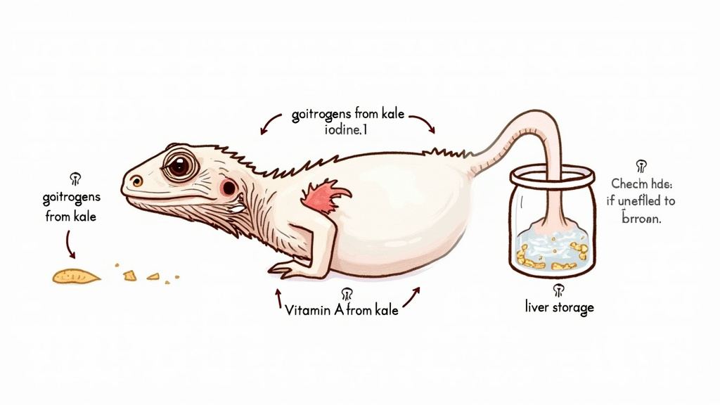 Diagram of goitrogens and Vitamin A from kale affecting a bearded dragon's thyroid and liver.