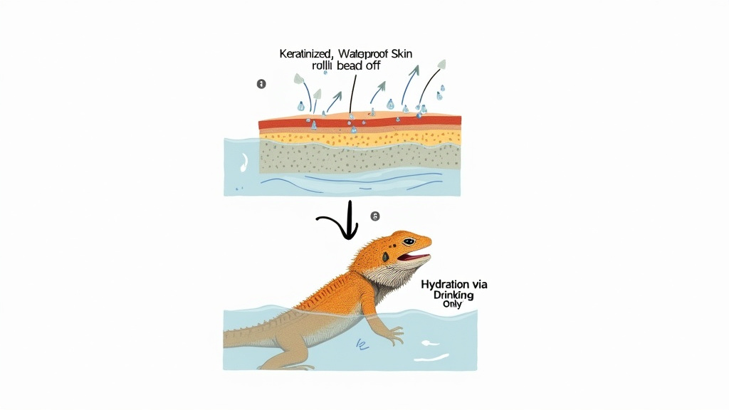 Diagram showing bearded dragon's waterproof skin and how they drink during a soak.