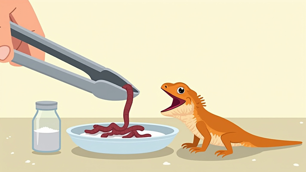 Using tongs to feed a dusted superworm to a bearded dragon safely.