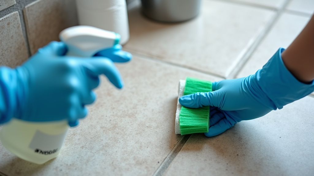 Close-up of gloved hands disinfecting bearded dragon tank tile with reptile-safe cleaner.