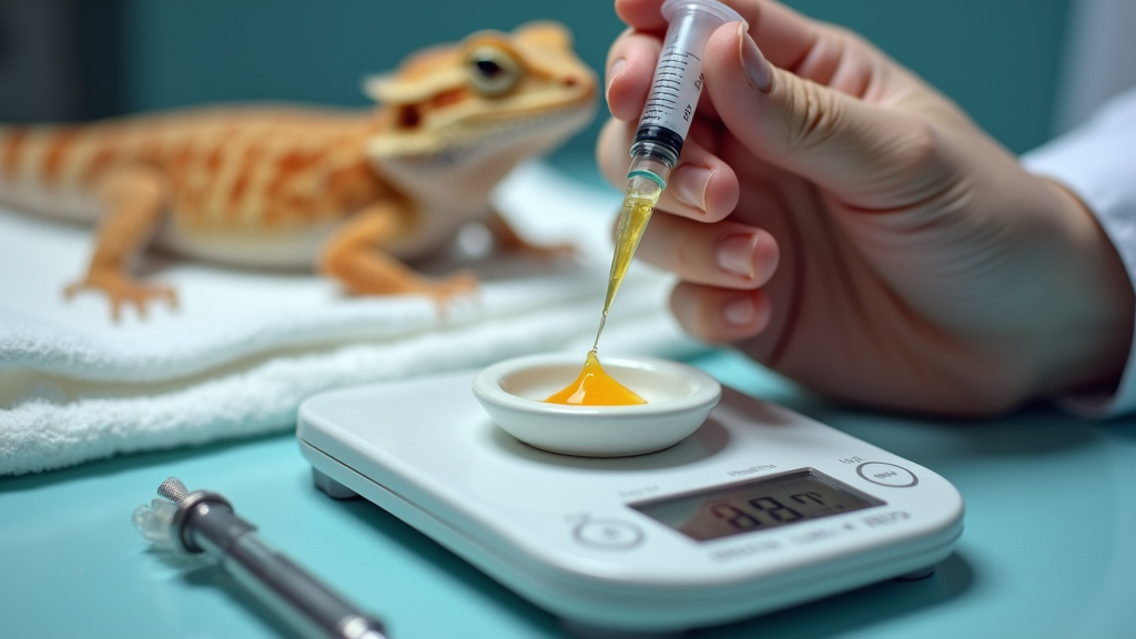 Veterinarian administering precise oral medication to a bearded dragon for worm infection.