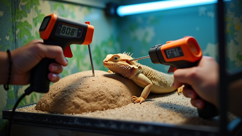 Tools for verifying bearded dragon lighting and temperature: thermometer, IR gun, UV meter.