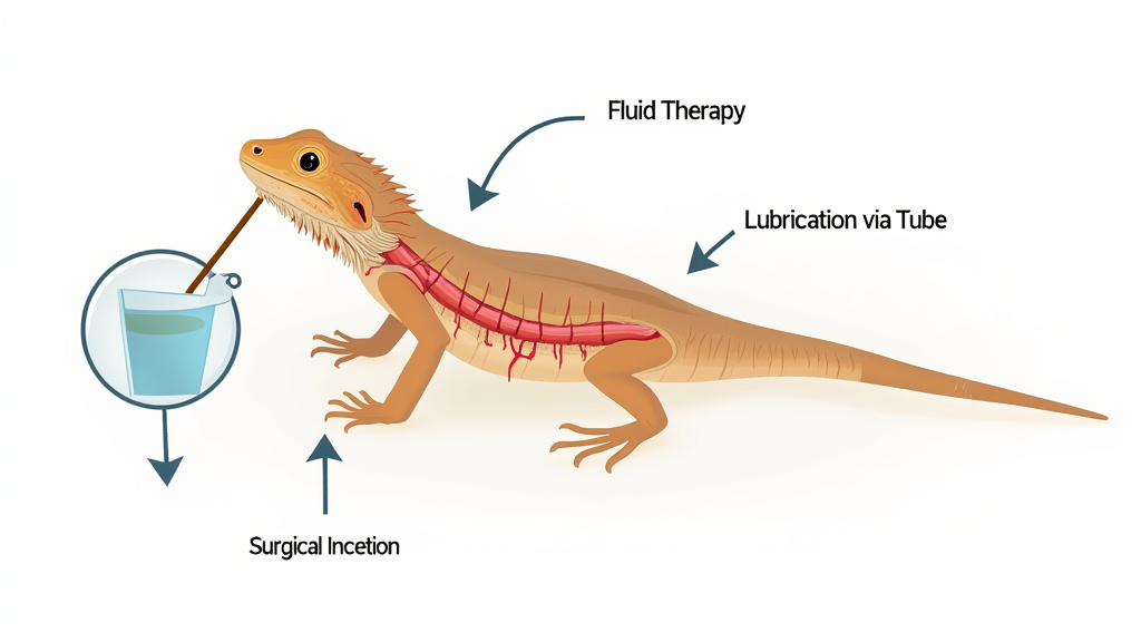 Diagram of bearded dragon impaction treatment options from fluids to surgery