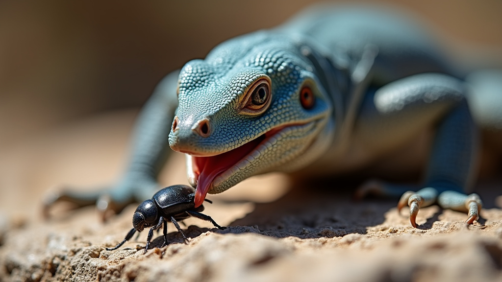 Southern rock agama bloukop koggelmander striking at a beetle on a rock.