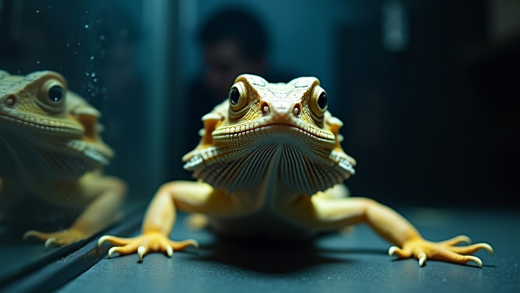 Bearded dragon glass surfing at night, a sign of distress or health issues.