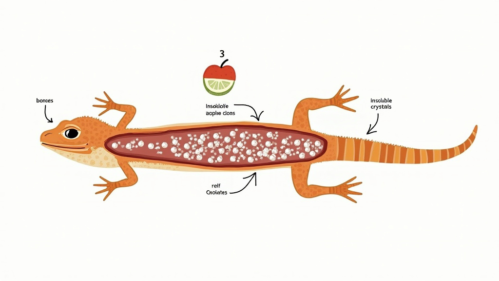Diagram of oxalates binding calcium in a bearded dragon's gut, causing MBD.