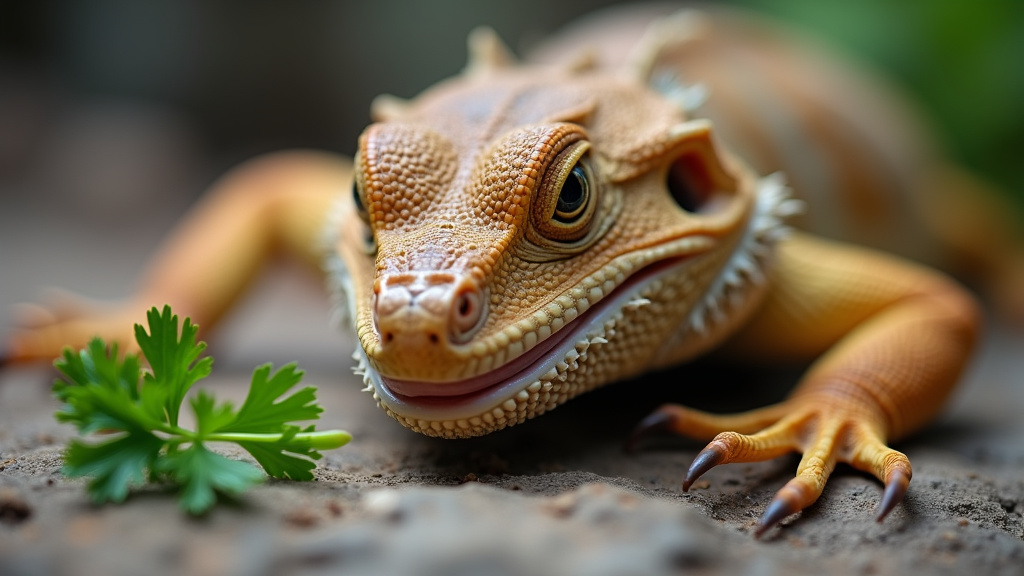 Bearded dragon with early metabolic bone disease symptoms from too much parsley.