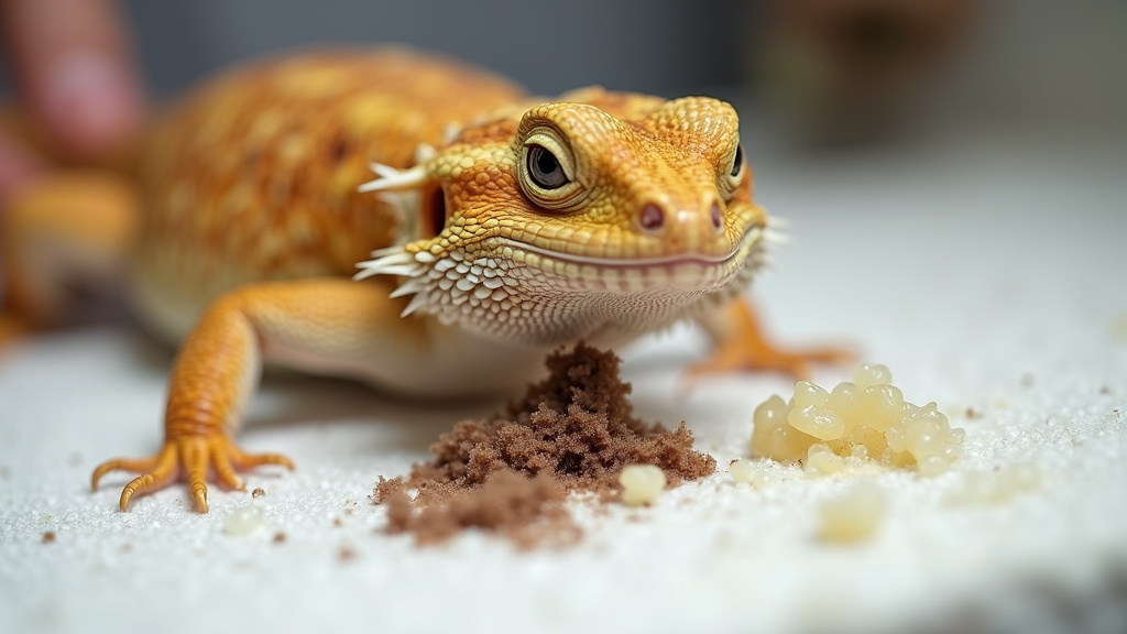 Healthy vs unhealthy bearded dragon poop showing fecal, urate, and liquid parts.