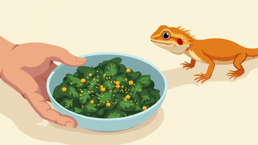 Bearded dragon's food bowl with chopped greens and bee pollen mixed together.