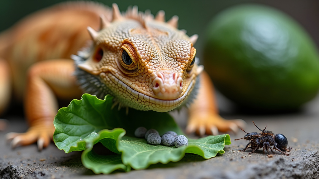 Adult bearded dragon eating safe staple greens and insects, with avocado in background.