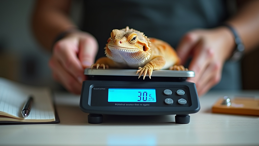 Monthly weight check of a bearded dragon during brumation using a digital scale.