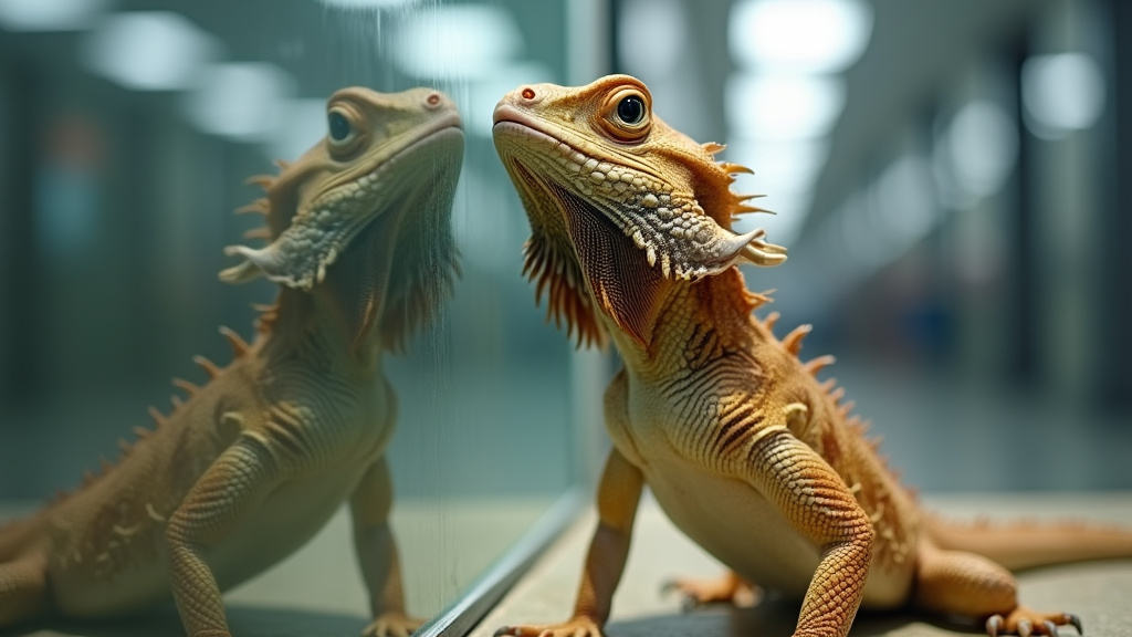 Bearded dragon stress-induced circumduction waving against a transparent tank wall