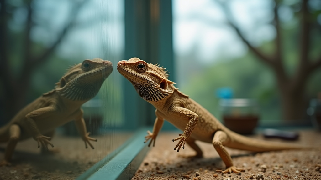 Bearded dragon jumping at glass enclosure due to stress from reflections.
