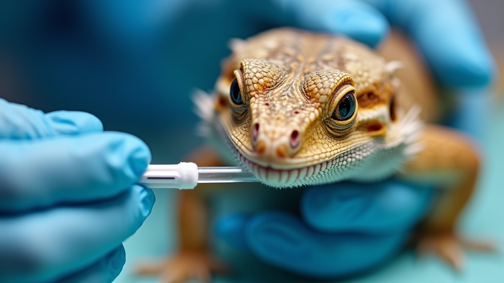 Veterinarian performing a DNA cheek swab sexing test on a bearded dragon.