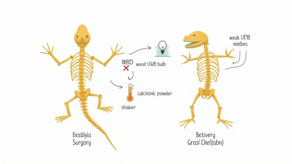 Diagram comparing healthy vs. stunted bearded dragon bone development and causes.