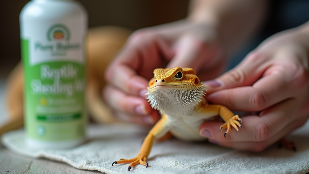 Close-up of applying pure aloe vera gel to a bearded dragon's stuck toe.