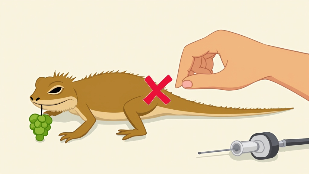 Silhouetted hand offering a grape to a sick bearded dragon with a warning X