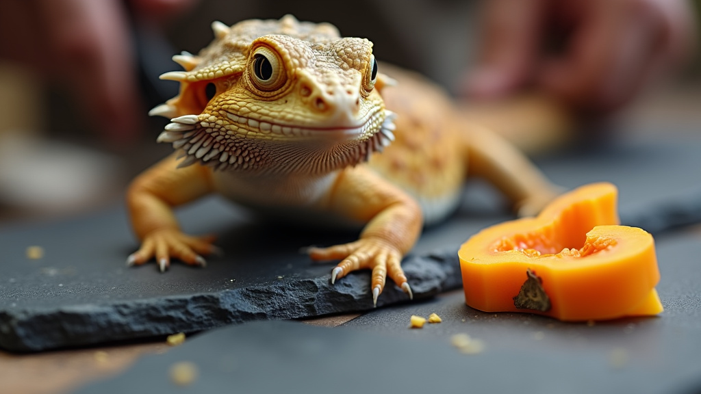 Bearded dragon climbing a slate ramp towards a food reward