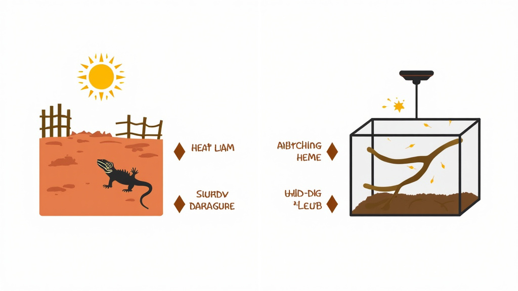Diagram comparing bearded dragon wild habitat needs to captive enclosure solutions